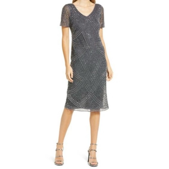 Pisarro Nights Dresses & Skirts - NWT Pisarro Nights Beaded Mesh V-Neck Short Sleeve Sheath Midi Dress SZ 2